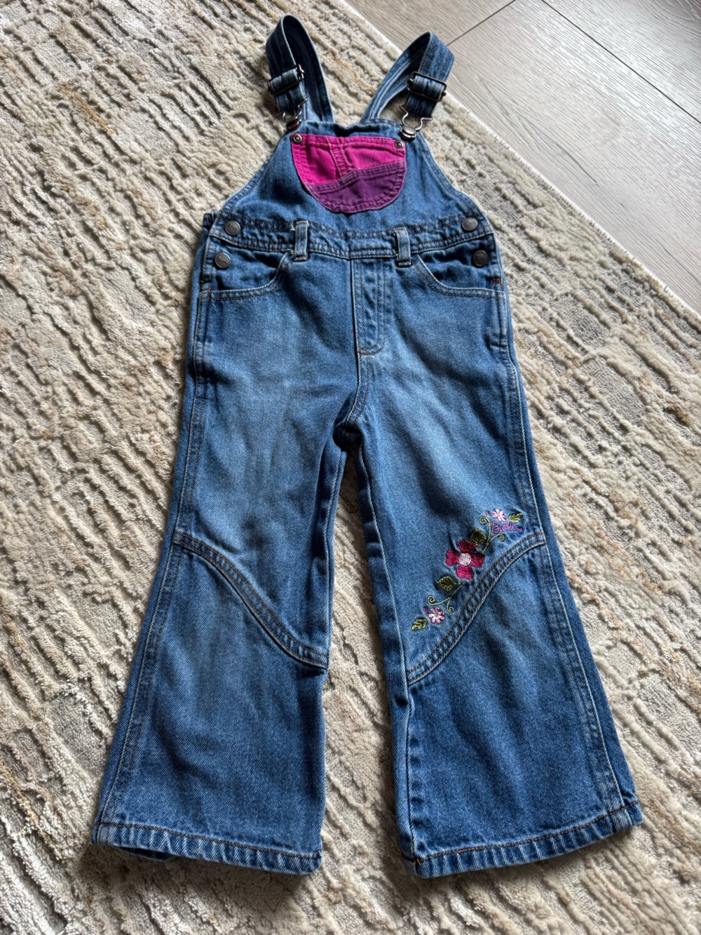 Barbie Blue Denim Overalls with Pink Bib & Floral Embroidery